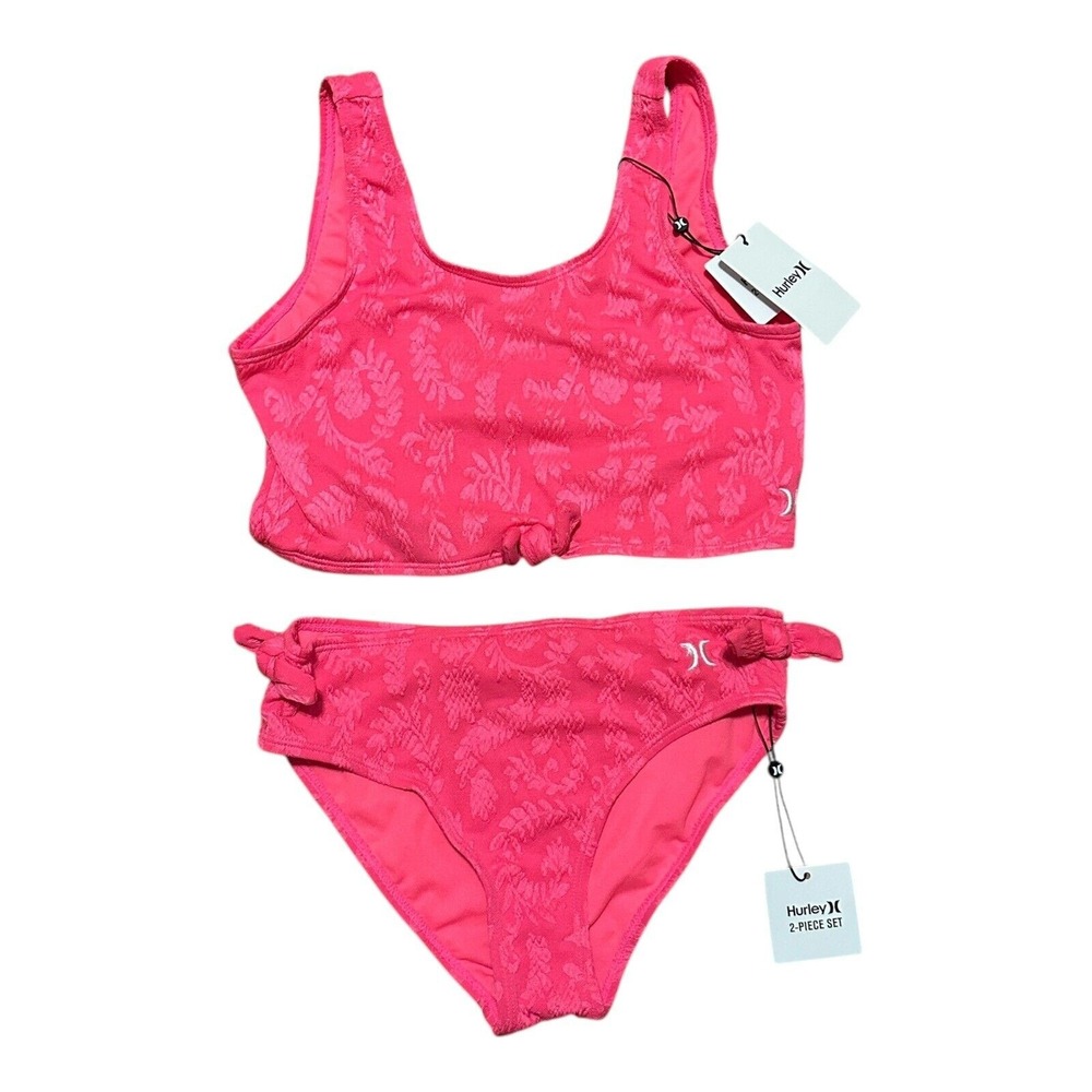 Hurley NEW Pink Punch Jacquard Floral 2-Piece Tie-Front Swimsuit Set Girls L